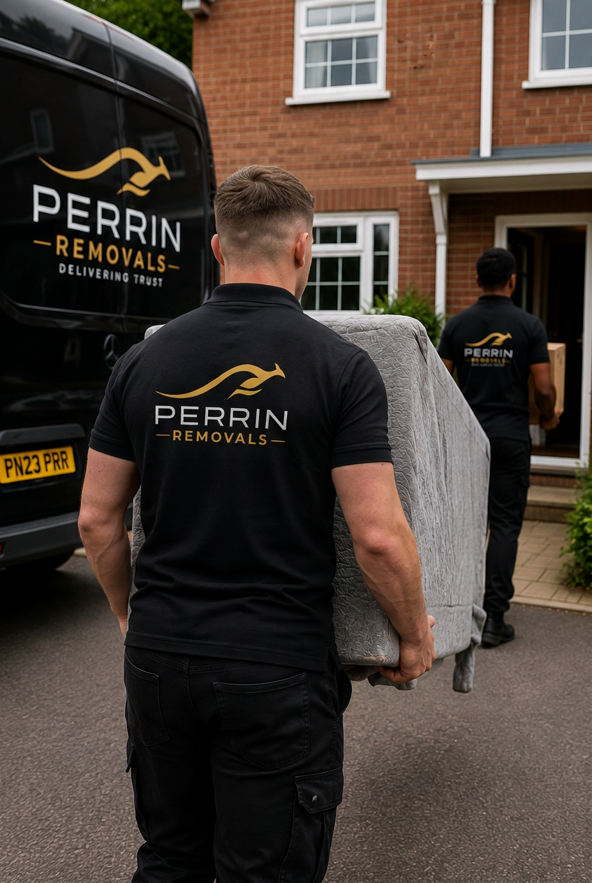 Perrin Removals mover carrying a mattress into a home, with the branded van and teammate in the background