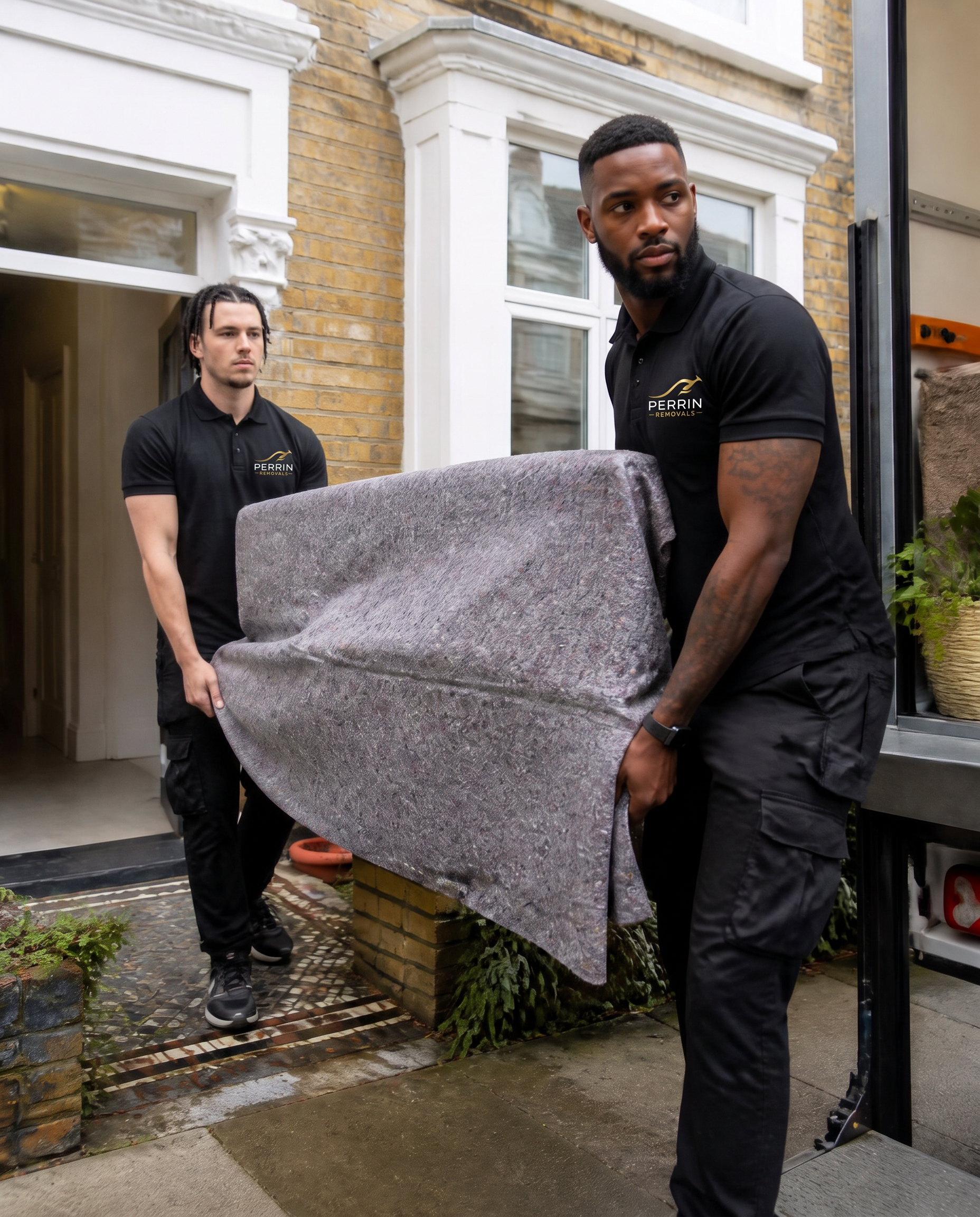 Perrin Removals team carefully carrying a wrapped sofa out of a UK home