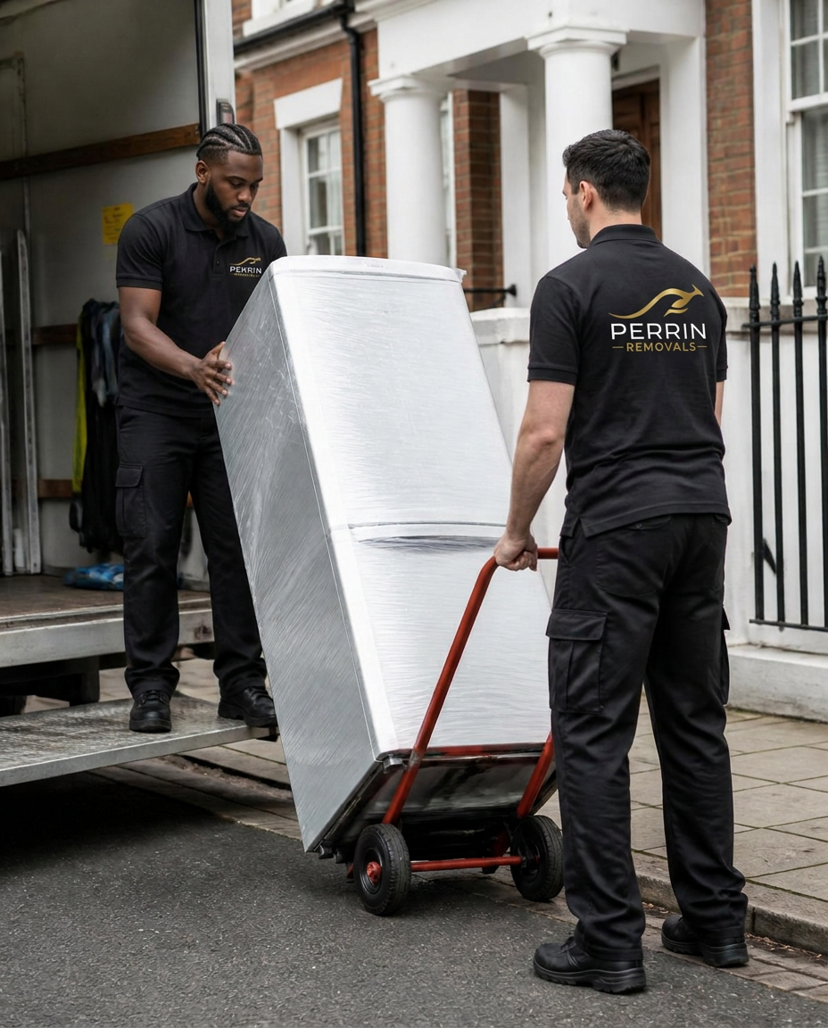 Movers loading a wrapped fridge freezer onto a sack trolley