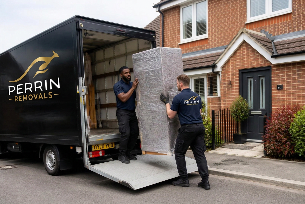 Branded Perrin Removals van being loaded outside a modern UK family home