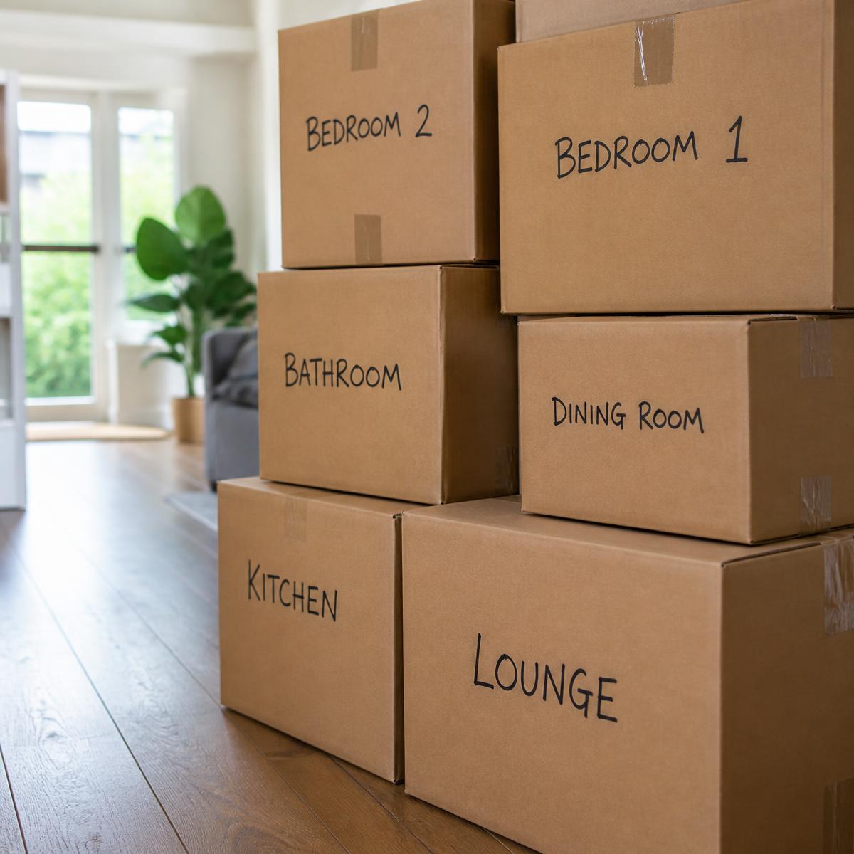 Neatly labelled moving boxes stacked in a bright UK living room