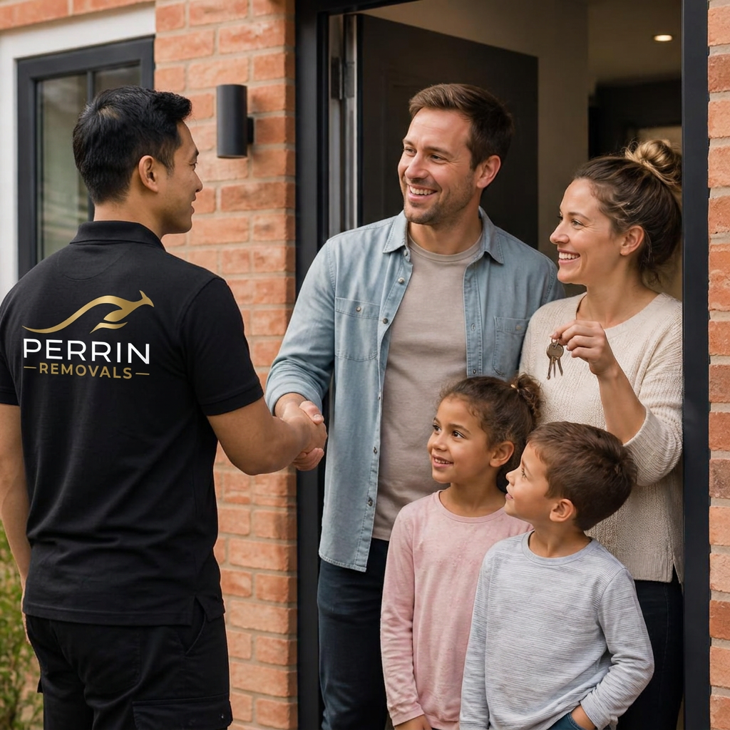 Happy family receiving keys on moving day with Perrin Removals