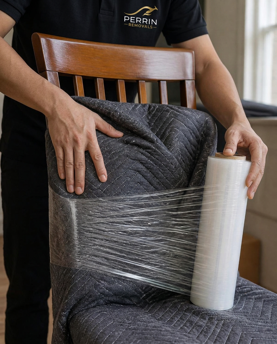 Mover wrapping a dining chair in a padded moving blanket