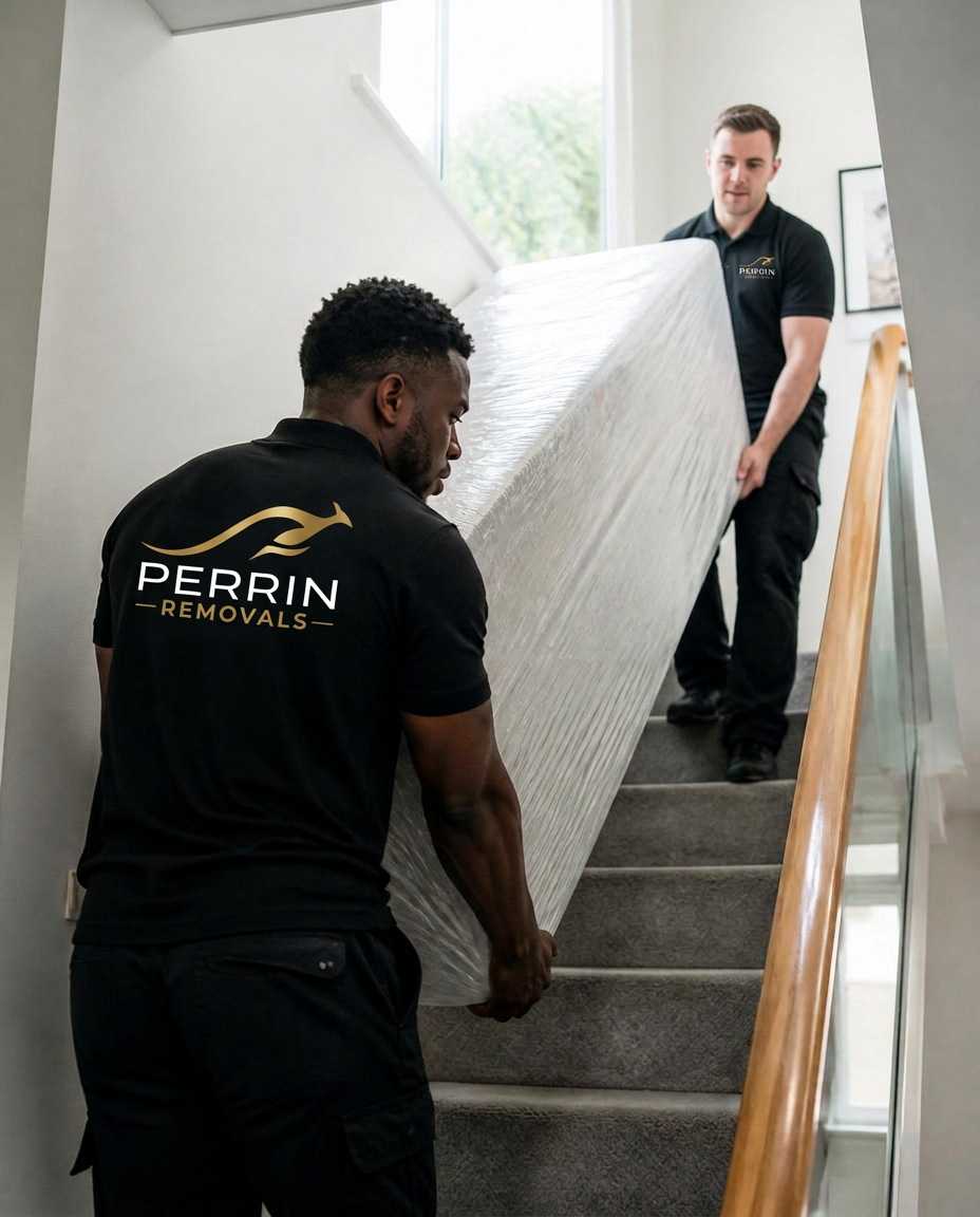 Two movers carefully carrying a wrapped mattress downstairs
