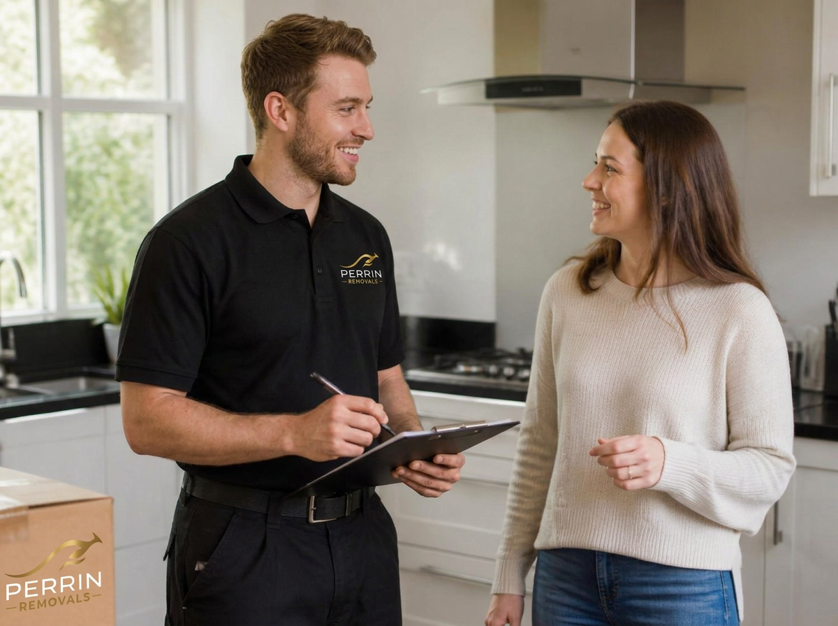 Perrin team leader talking with a customer during a home survey