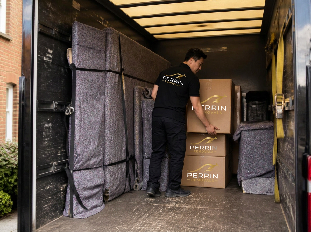 Furniture wrapped and strapped inside a Perrin Removals van